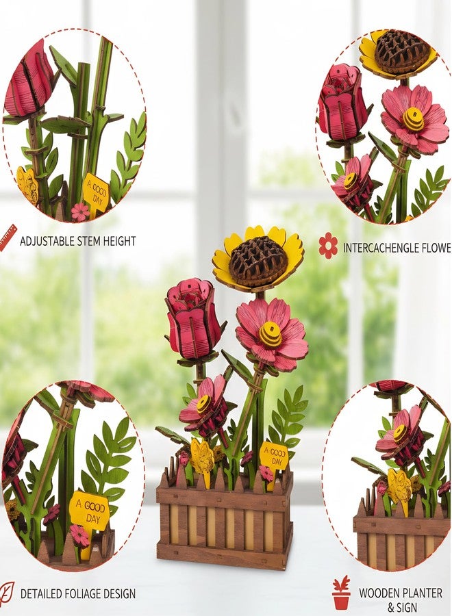 Gueiddi Wooden 3D Puzzles for Adults, 3D Wooden Puzzles House Warming Gift Hobby Kit Stem Home Decor (Wooden Flowers) - Image 3